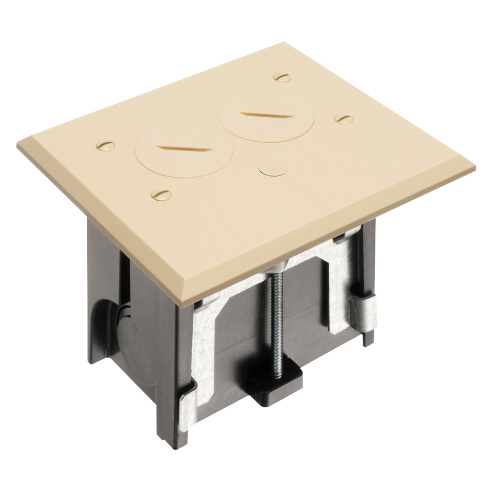 Non Metallic adjustable floor box. Light Almond with threaded plugs. Includes tamper resistant duplex receptacle, cover plate with gasket and Arlington NM94 connector and Arlington NM900 knockout plug.