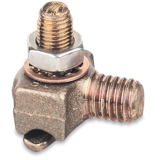 Transformer Tank Ground Connector for Wire Range 2/0 Stranded - 8 Solid,  Stud Size 1/2-13 UNC-2A.  1-51/64 X 1-9/64 X 1-21/32 inches.