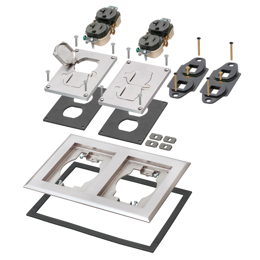Nickel plated zinc cover kit for new concrete. Two gang Frame Kit with flip lids.