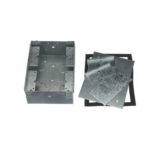 Two Gang Floor Box, 60 Cubic Inches, Length 7-1/16 Inches, Width 5-5/16 Inches, Depth 2-13/16 Inches, 1/2 Inch, 3/4 Inch, and 1 Inch Knockouts, Galvanized Steel, For Wood Subfloors