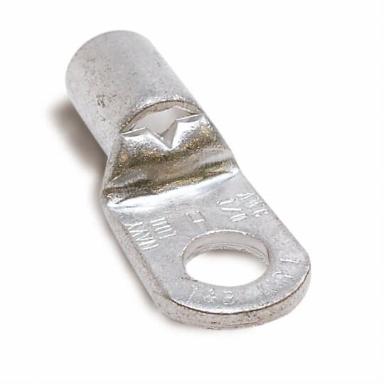 Non-Insulated Tubular Ring Terminal, Length 1.79 Inches, Width .80 Inches, Bolt Hole 1/2 Inch, Wire Range 2/2AN, Copper, Tin Plated