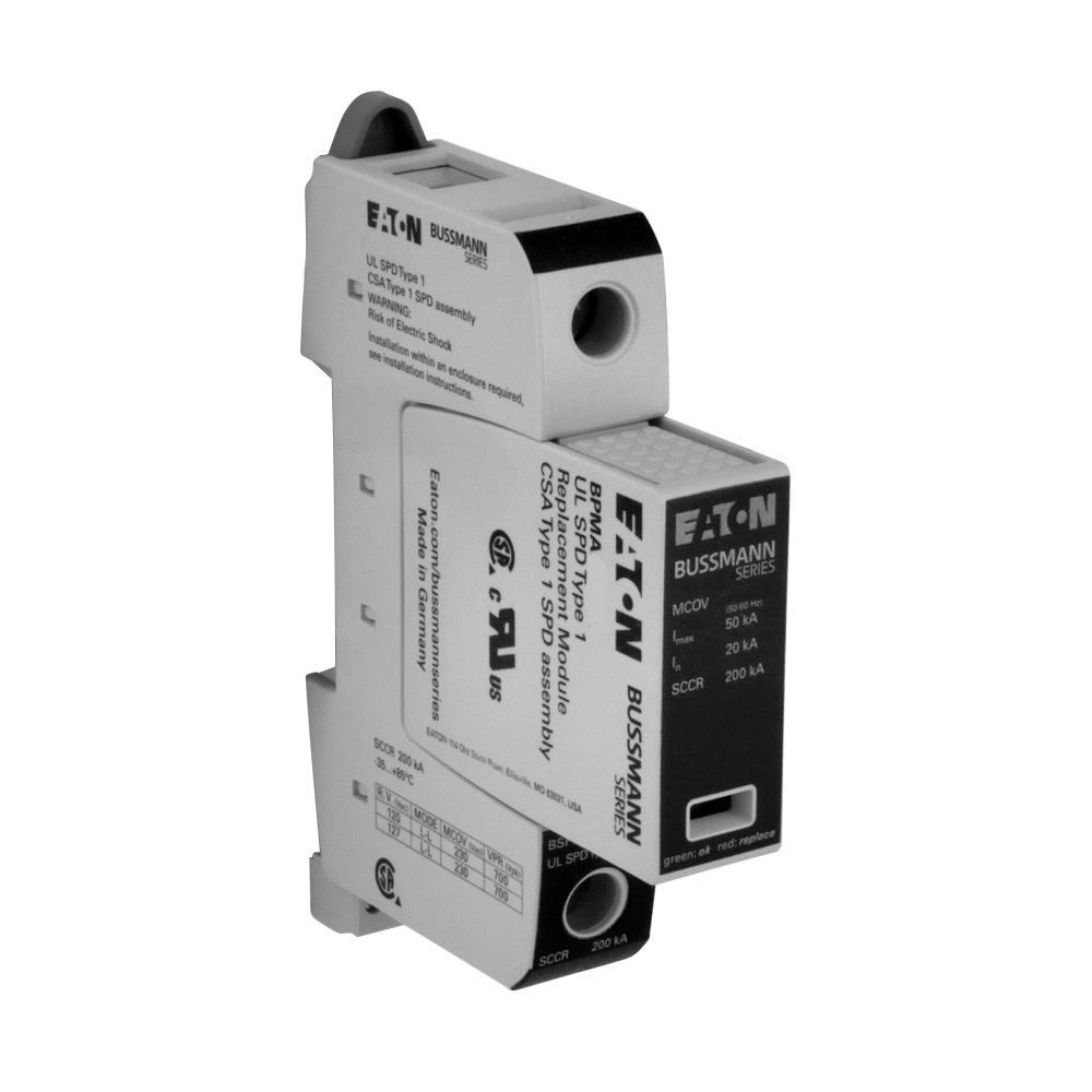 Eaton Bussmann series BSPM series surge arrestor, Technology type MOV, Surge arrestor, Thermoplastic, UL94V12, 50/60 Hz, 200 Kilo Ampere, Thermoplastic, Remote Contact