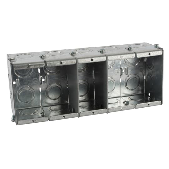 Gangable Masonry Box, 79.0 Cubic Inches, 3-3/4 Inches Long x 9-3/16 Inches Wide x 2-1/2 Inches Deep, 1/2 Inch and 3/4 Inch Knockouts, Pre-Galvanized Steel, For use with Conduit