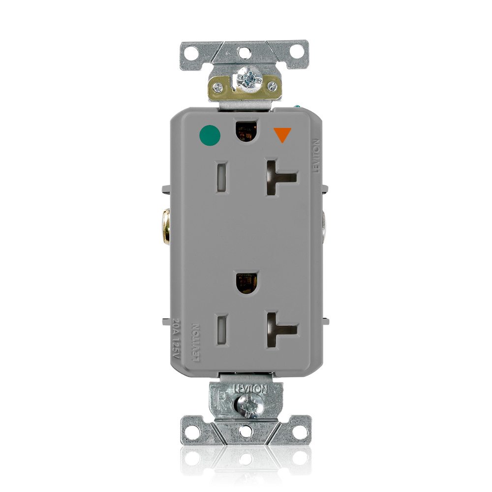 Decora Plus Duplex Receptacle, Tamper-resistant, Hospital Grade, Isolated Ground, 2-Pole 3-Wire Grounding, NEMA 5-20R, 20A-125V   Back And Side Wired, Gray. 1-Piece Ground.