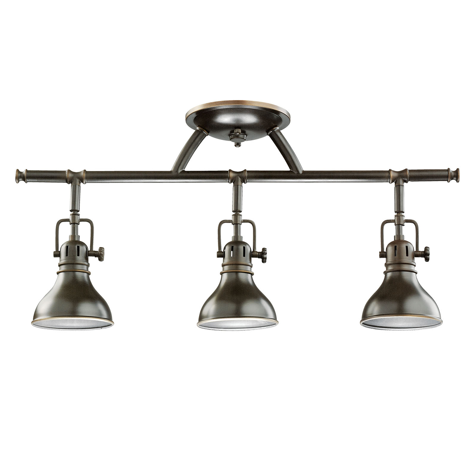 The Hatteras Bay(TM) 22.75in; 3 light halogen fixed, adjustable rail light features a classic industrial look with its Olde Bronze finish. The Hatteras Bay rail light comes with three swivel heads that all you to focus light in multiple directions. This rail light works well in area where you want to focus lights such as over an island, work space, reading area or craft/workshop area.