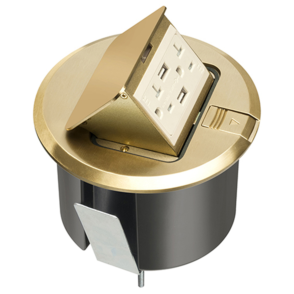 Pop up counter top box kit with round brass plated cover. With Round plastic box. Comes with 20 amp decorator style tamper resistant receptacle with (2) USB ports.