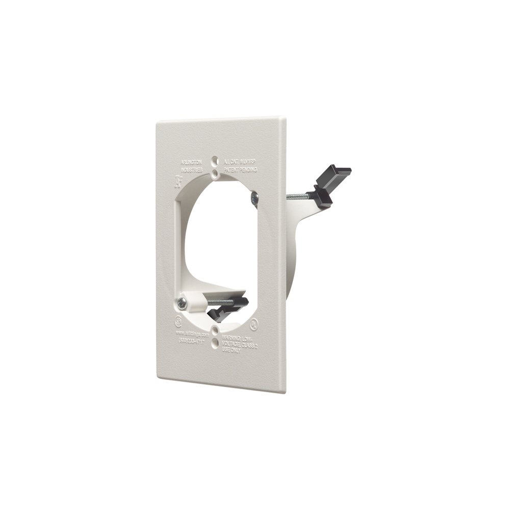 Low voltage cable entry bracket with slotted cover. Installs with a 3-1/2" hole saw in less than a minute. Color White. Adjusts to fit wall thicknesses from 1/4" to 1-1/2".