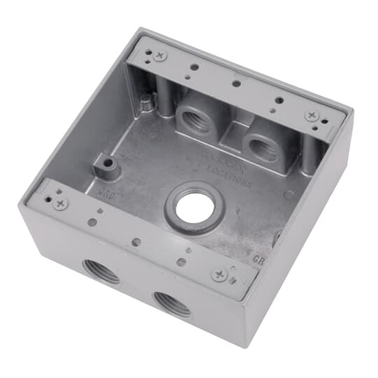 Two Gang Universal Weatherproof Box, 31 Cubic Inches, Hub Size 1/2 Inch, Silver, Aluminum, 5 Outlets with 2 on Top and Bottom and 1 on Back