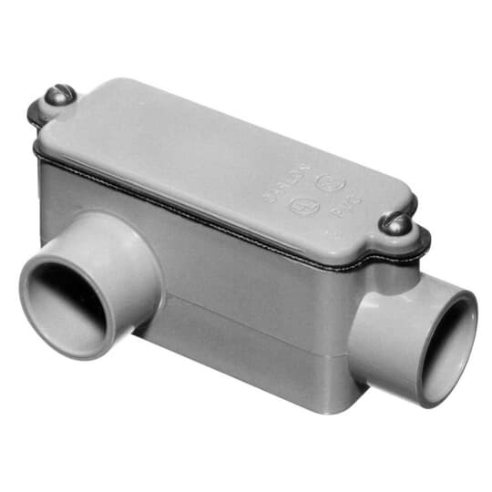 Type LR Conduit Body, Volume 32 Cubic Inches, Size 1-1/2 Inch, Length 7-31/32 Inches, Width 2-3/4 Inches, Material PVC, Color Gray, For use with Schedule 40 and 80 Conduit, Pack of 5