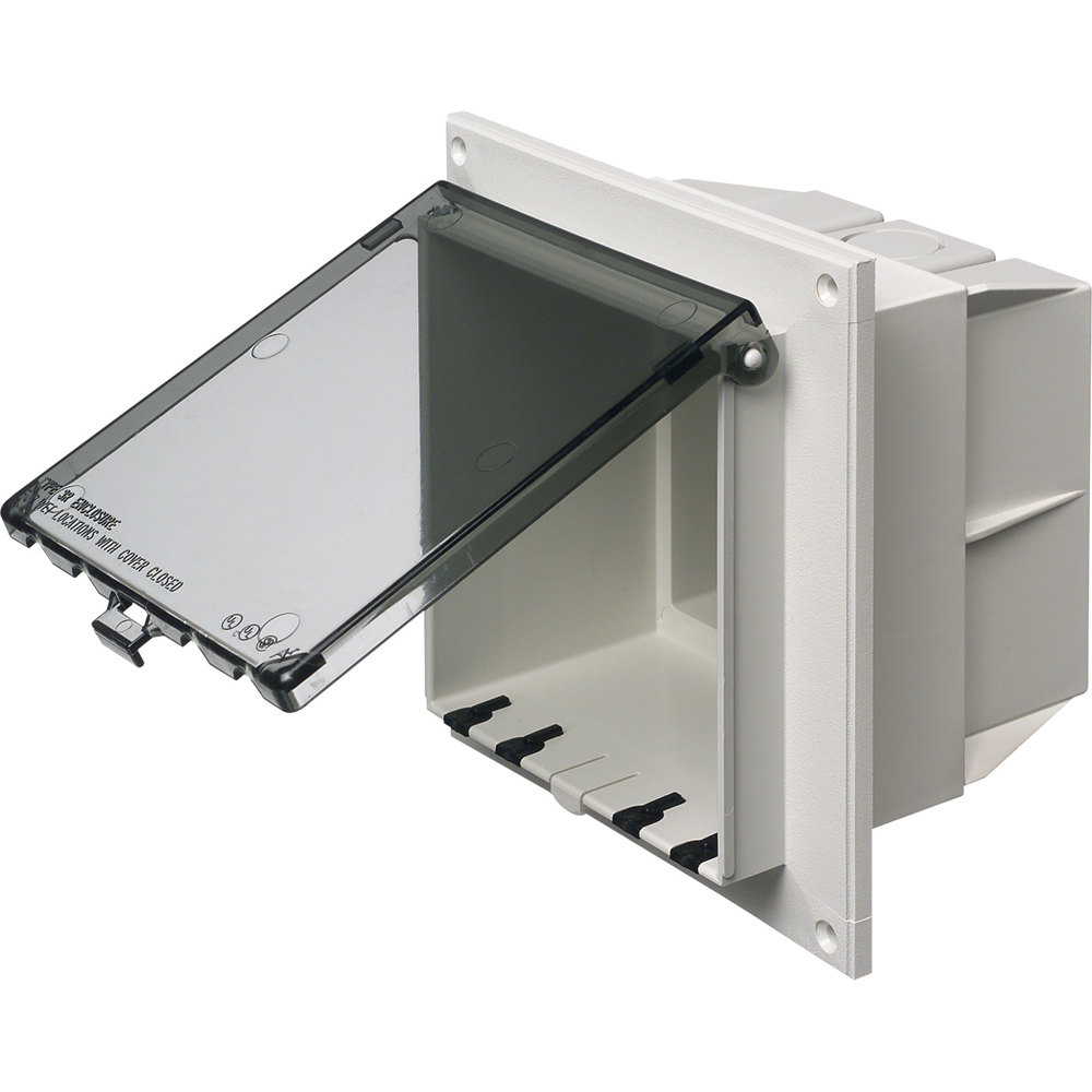 Low profile Inbox for flat surface retrofit construction. With weather proof while in use Extra Duty clear cover. Vertical. Two gang.