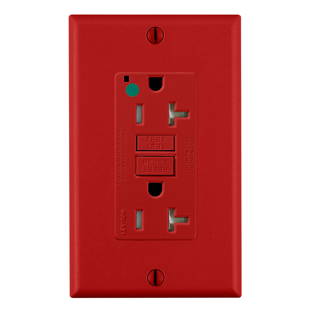 20 Amp, 125 Volt, SmartlockPro Slim Self-Test GFCI Receptacle, Extra-Heavy Duty Hospital Grade, Tamper-Resistant, NEMA 5-20R, 20A Feed-Through, 2P, 3W, Matching Wallplate Included - RED