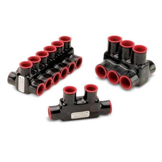 AMT 2 Multi-Port Both Sides PVC Connector, Ultraviolet Resistant, Wire Range 250 kcmil-6 Str, Length 2.12 Inches, Width 2.64 Inches, Height 2.13 Inches, Hex Size 5/16 Inch, Black Insulation