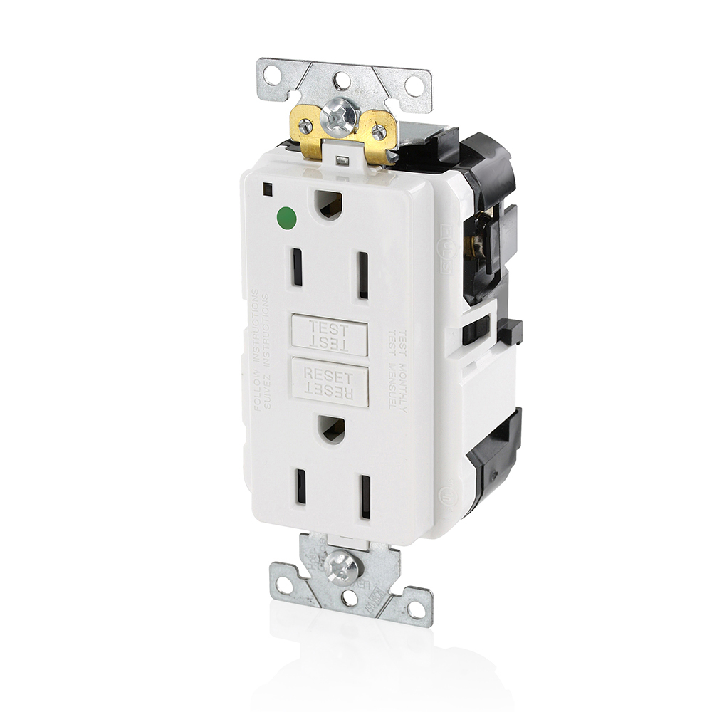 15 Amp, 125 Volt, SmartlockPro Slim Lev-Lok  Self-Test GFCI Receptacle, Extra-Heavy Duty Hospital Grade, 20A Feed-Through,NEMA 5-15R, 2P, 3W, Modular Terminals  WHITE