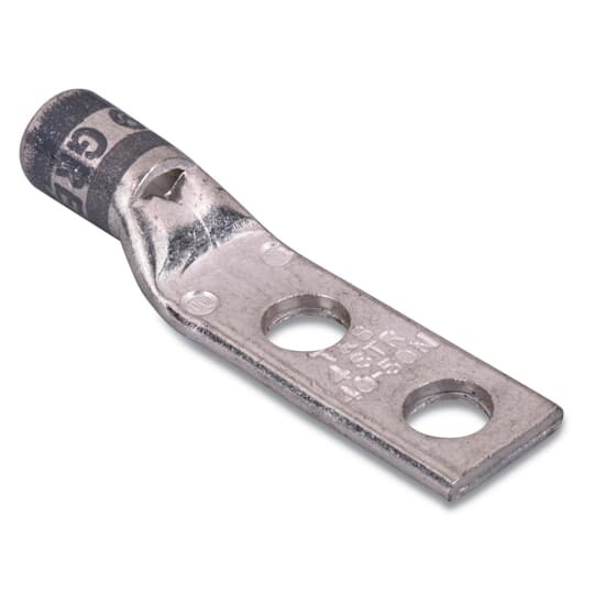 Copper Two-Hole Lug, Standard Barrel, Peep Hole, Max 35kV, Wire Size #4 AWG, 1/4 Inch Bolt Size, 5/8 Inch Hole Spacing, Tin Plated, Die Code 29, Die Color Code Gray