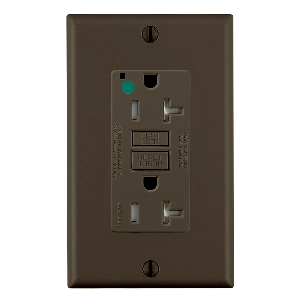 20 Amp, 125 Volt, SmartlockPro Slim Self-Test GFCI Receptacle, Extra-Heavy Duty Hospital Grade, Tamper-Resistant, NEMA 5-20R, 20A Feed-Through, 2P, 3W, Matching Wallplate Included - BROWN