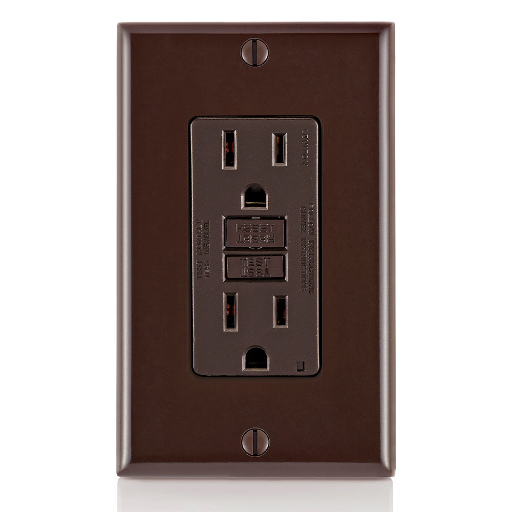 Self-Test Slim Tamper Resistant GFCI Receptacle. Nema 5-15R 15A-125V At Receptacle, 20A-125V Feed-through. Lighted - Brown With Brown Test And Reset Button.