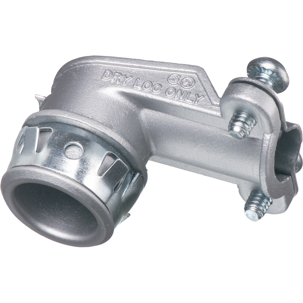Zinc die-cast, 90 degree 2 screw flex connector for aluminum and steel Flex. Provides smaller cable range for MCI cable. Secures into a 1/2" Knockout with a spring steel clip. Provided with an insulated throat.