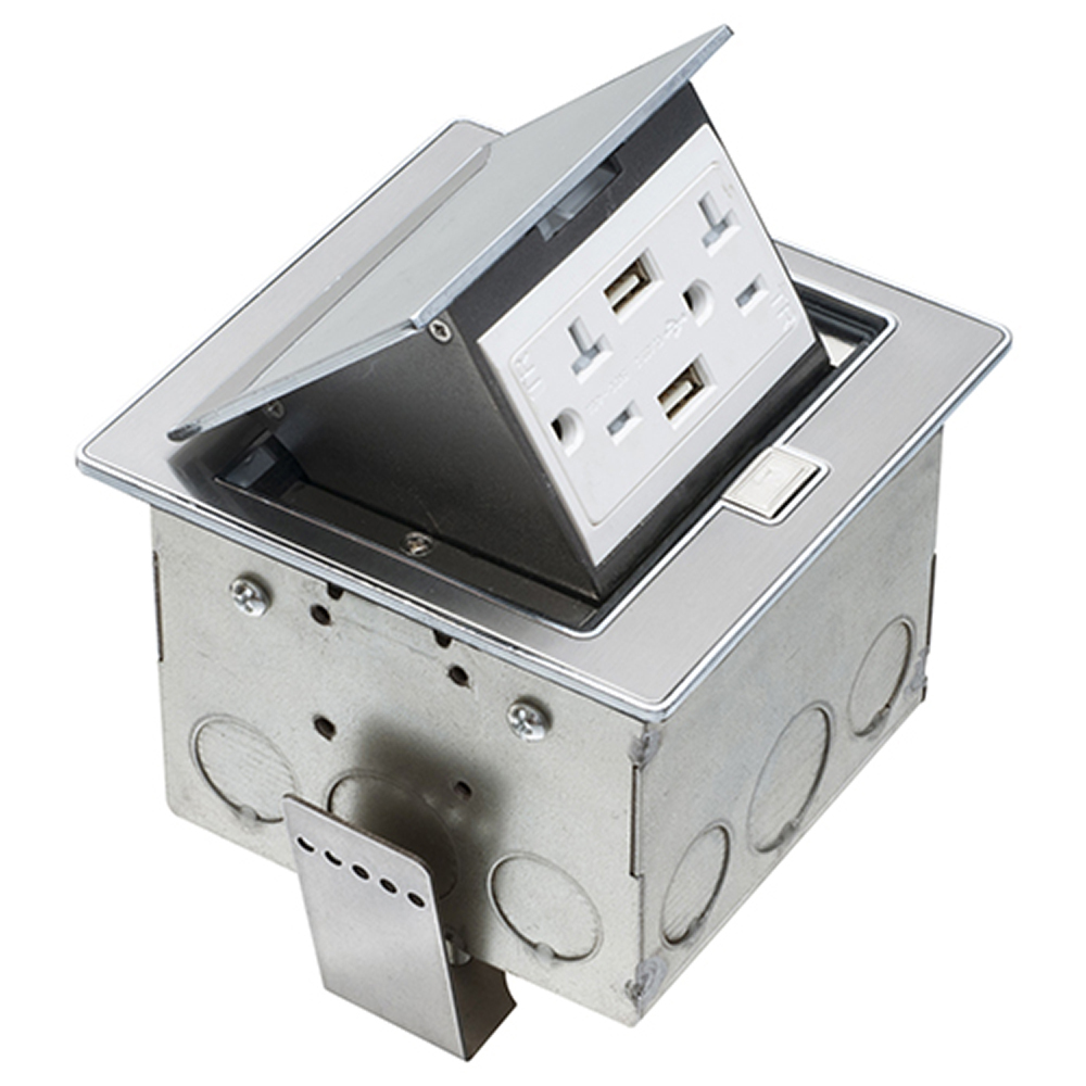 Square Stainless steel counter top box. Comes with a 20 amp tamper resistant decorator style receptacle with (2) USB ports.