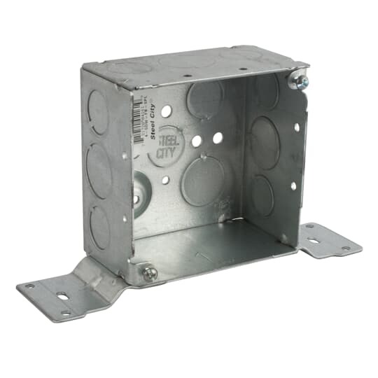 Square Box, 31.9 Cubic Inches, 4 Inch Square x 2-1/8 Inches Deep, 1/2 Inch and 3/4 Inch Eccentric Knockouts and Ground Bump, Galvanized Steel, Welded Construction, For use with Conduit and with Flat Bracket