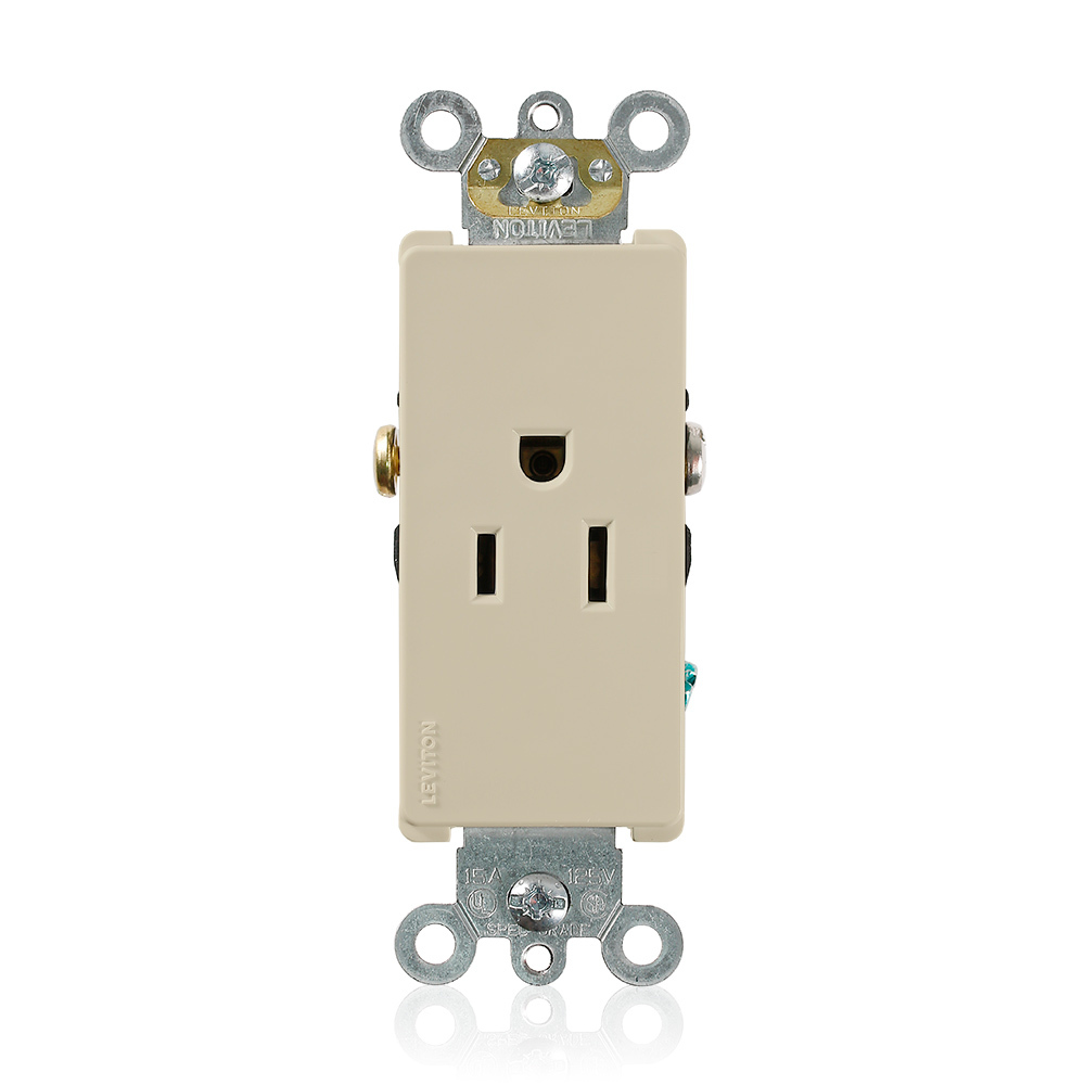 15 Amp, 125 Volt, NEMA 5-15R, 2P, 3W, Decora Plus Single Receptacle, Straight Blade, Commercial Grade, Self-Grounding, , , Side Wired, Steel Strap, - IVORY
