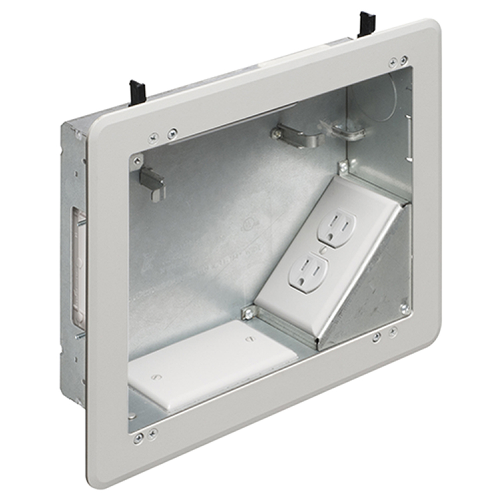 8 x 10 Steel TV BOX. Includes line voltage box, duplex receptacle. 1-1/2" knockout, cable entry device, wire management brackets. For new and old construction.