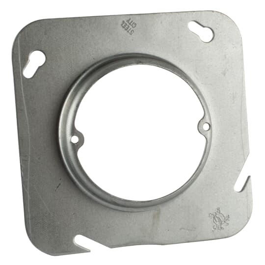 Square Box Cover, 3.5 Cubic Inches, 4-11/16 Inch Square x 5/8 Inch Raised, Pre-Galvanized Steel, Center Blanked with Tapped Ears on 2-23/32 Inch Centers