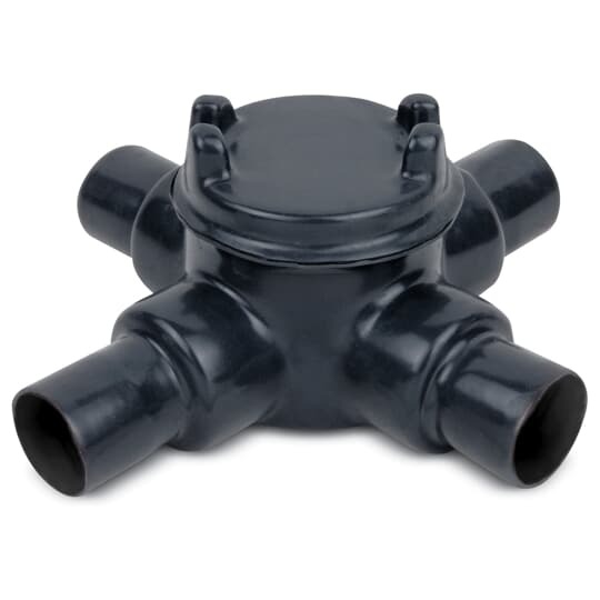 PVC Double-Coated Conduit Outlet Box for Hazardous Locations, GUAX Type - X Shape, Pipe Size 3/4 Inch/21 Metric, Box is Ductile Iron with Zinc Plating, Cover is Die Cast Aluminum, Cover Opening 3.00 Inch/76.20 Millimeters, Gray