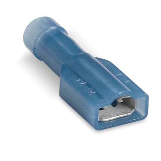 Nylon Fully Insulated Female Disconnect, Length 1.01 Inches, Width .38 Inches, Maximum Insulation .185, Tab Size .250x.032, Wire Range #16-#14 AWG, Color Blue, Brass, Tin Plated
