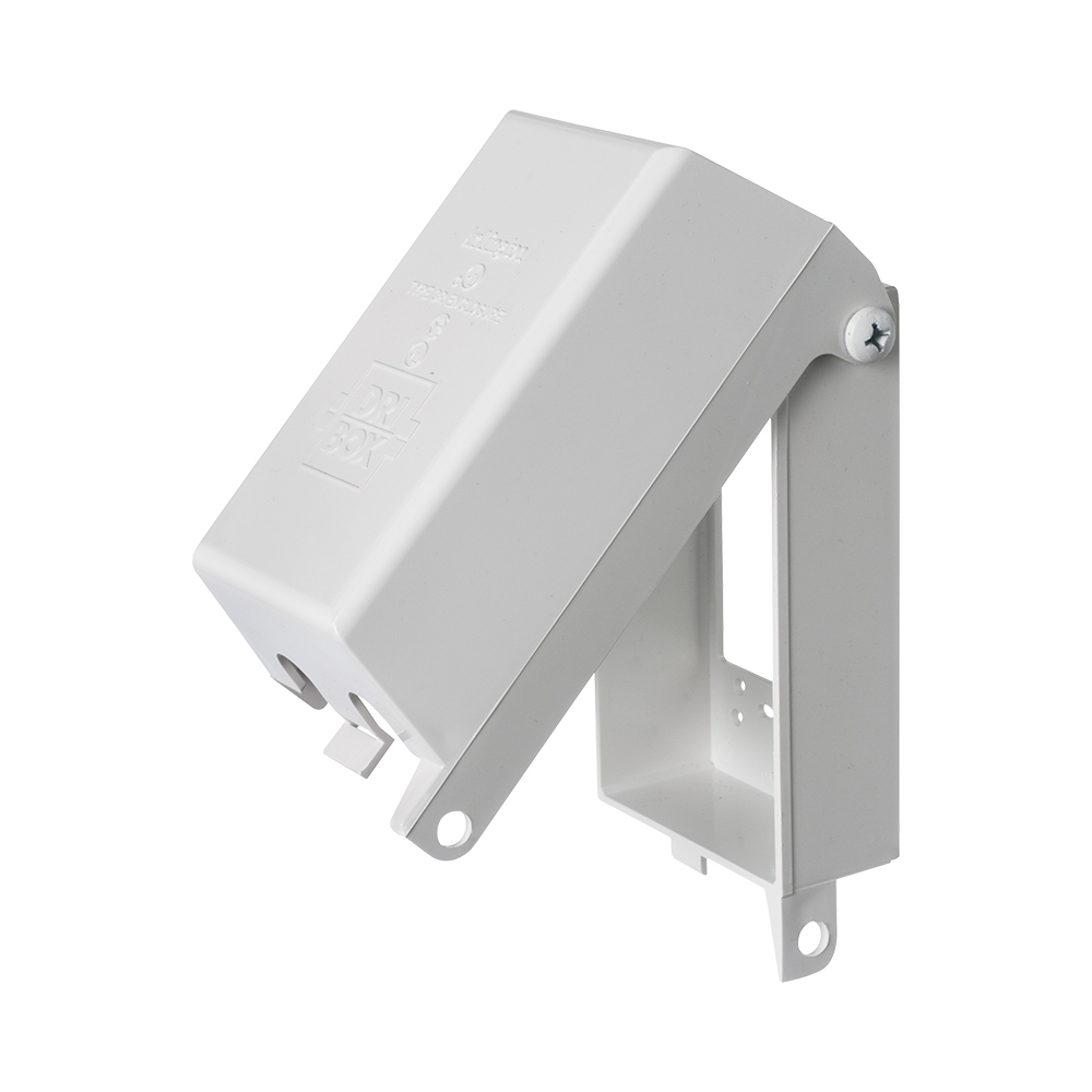 Drybox adapter with non metallic cover and base. Two gang. Vertical white paintable cover. Depth 2.9"