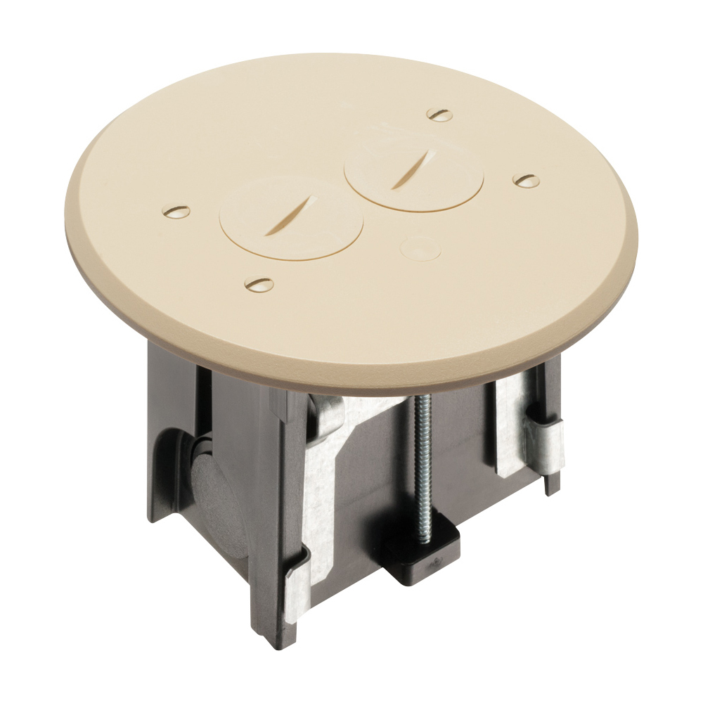 Round Non Metallic adjustable floor box. Light Almond with threaded plugs. Includes tamper resistant duplex receptacle, cover plate with gasket and Arlington NM94 connector and Arlington NM900 knockout plug.