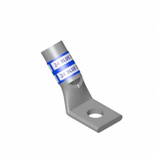 Copper One-Hole Lug, 45 Degree Bend Standard  Barrel, Peep Hole, Max 35kV, Wire Size #1 AWG, 3/8 Inch Bolt Size, Tin Plated, Die Code 37, Die Color Code Green