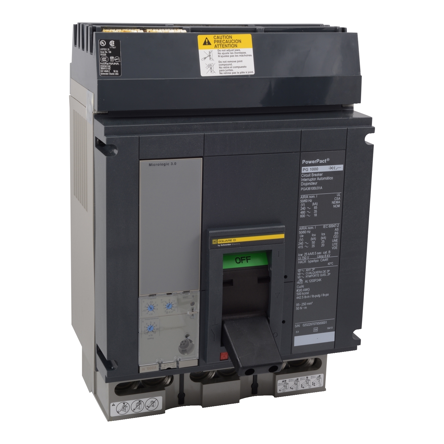 Circuit breaker, PowerPacT P, 1200A, 3 pole, 600VAC, 25kA, I-Line, Micrologic 5.0P, 80%, ABC, modbus