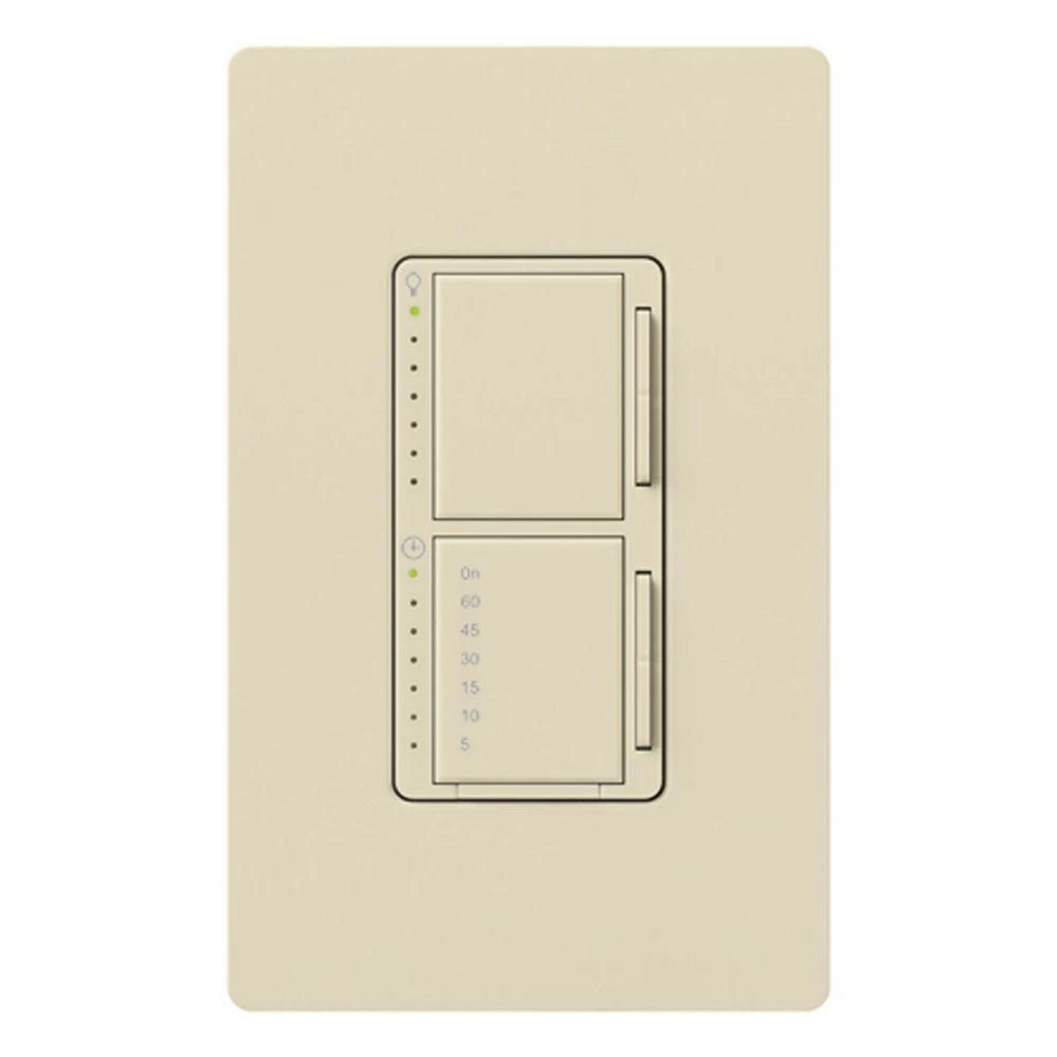 Maestro Dual Incandescent/Halogen Dimmer and Switch, Single-pole, clamshell packaging, wallplate included, White finish, 120V/300W dimmer, 2.5A switch in light almond