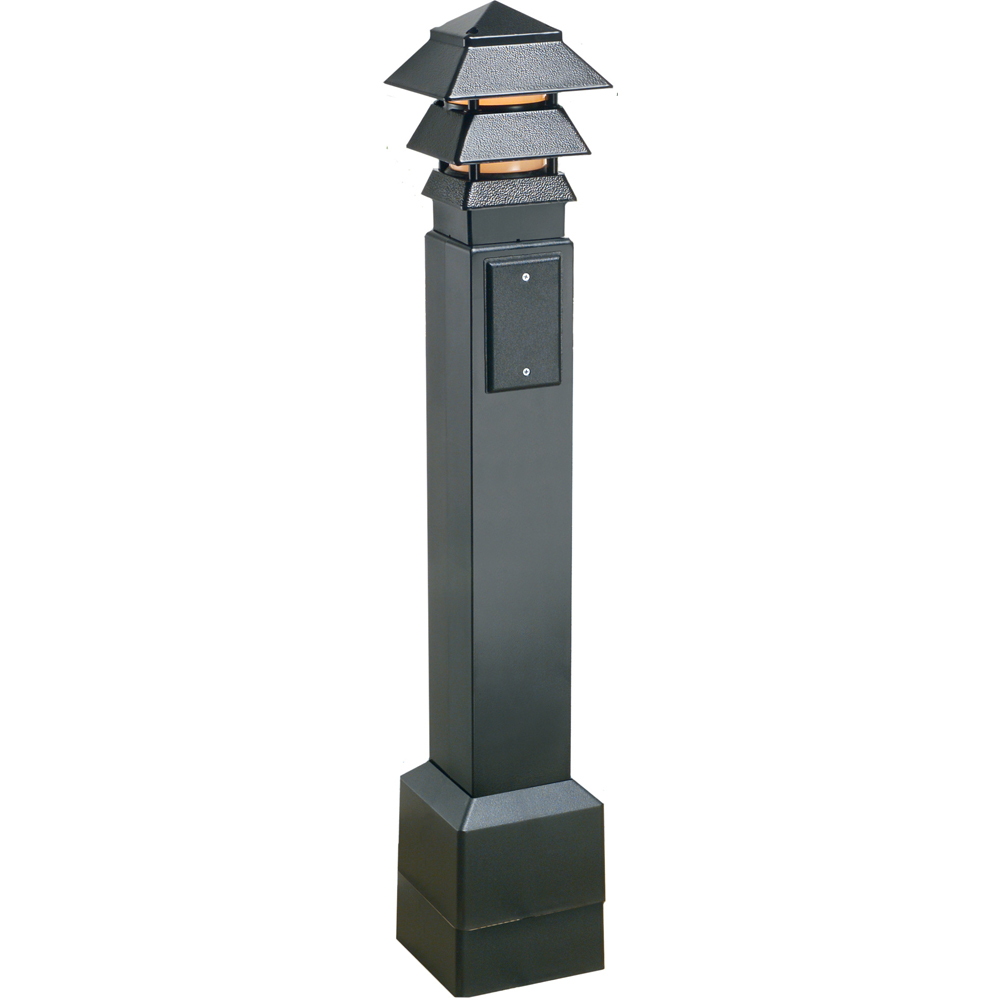 Gard-N-Post. 35" bollard kit comes with Pagoda style light fixture. Openings on both sides of post for back to back power or power on one side and low voltage on the other. Metal support post attaches to surface. The non metallic Gard-N-Post slides over the support post. two 1/2" Knockouts. Color Black. Color is permanent, no chipping.