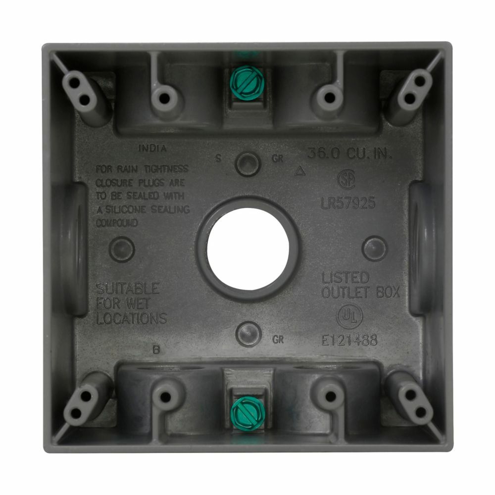 Eaton Crouse-Hinds series weatherproof outlet box, 37.0 cu in, Gray, 2-5/8" deep, Die cast aluminum, Two-gang, (7) 1" outlet holes