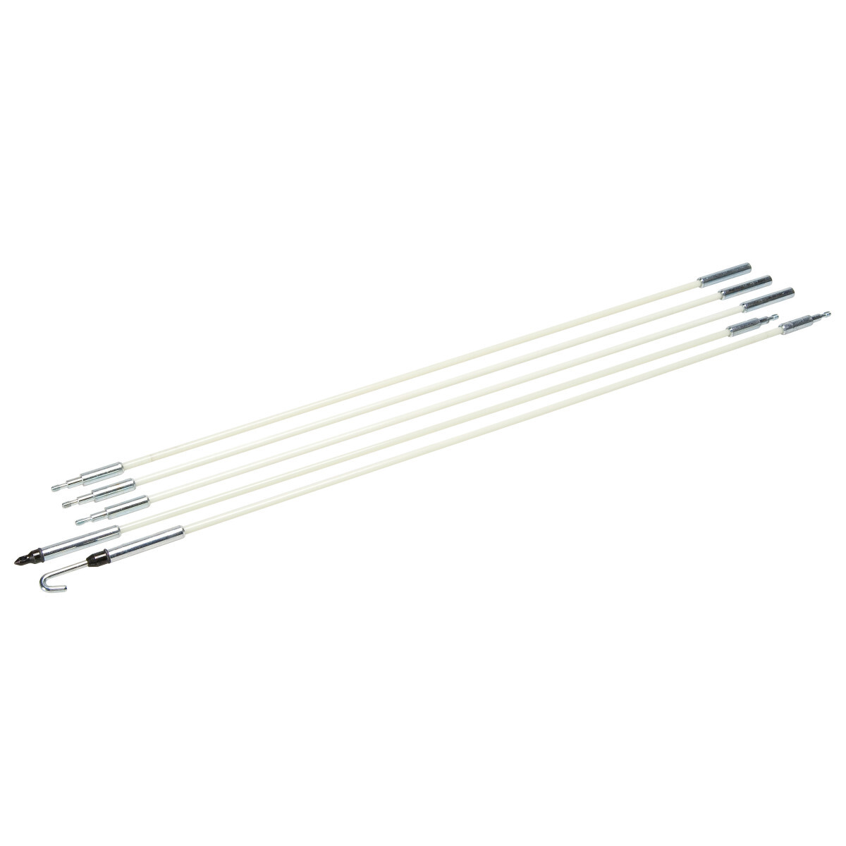 Glo Stix Kit 3/16" x 8' (4.7mm x 2.4m) with Bullet and "J" Hook Nose Tips.  Fish Stix Luminescent fiberglass rods glow in the dark to make fishing voice, data and video wires easier in dark spaces, such as above ceilings, in walls, and below sub-floors.  More flexible for fishing in walls through outlet box holes.  Sturdy, steel-threaded connectors are interchangeable with Greenlee 1/4" (6.4 mm) Fish Stix.  Clear, non-metalic storagetube keeps Glo Stix charged and ready to use.  200 lbs. (0.9 kN) maximum pulling strength.  Optional Whisk Nose Tip is available for fishing over obstacles, and can be used to guide extended Glo Stix sideways above ceilings by rotating.  Can also be used to fish longer lengths by providing a tip that can be snagged from the opposite direction with another extended Fish or Glo Stix with a hook nose tip.
