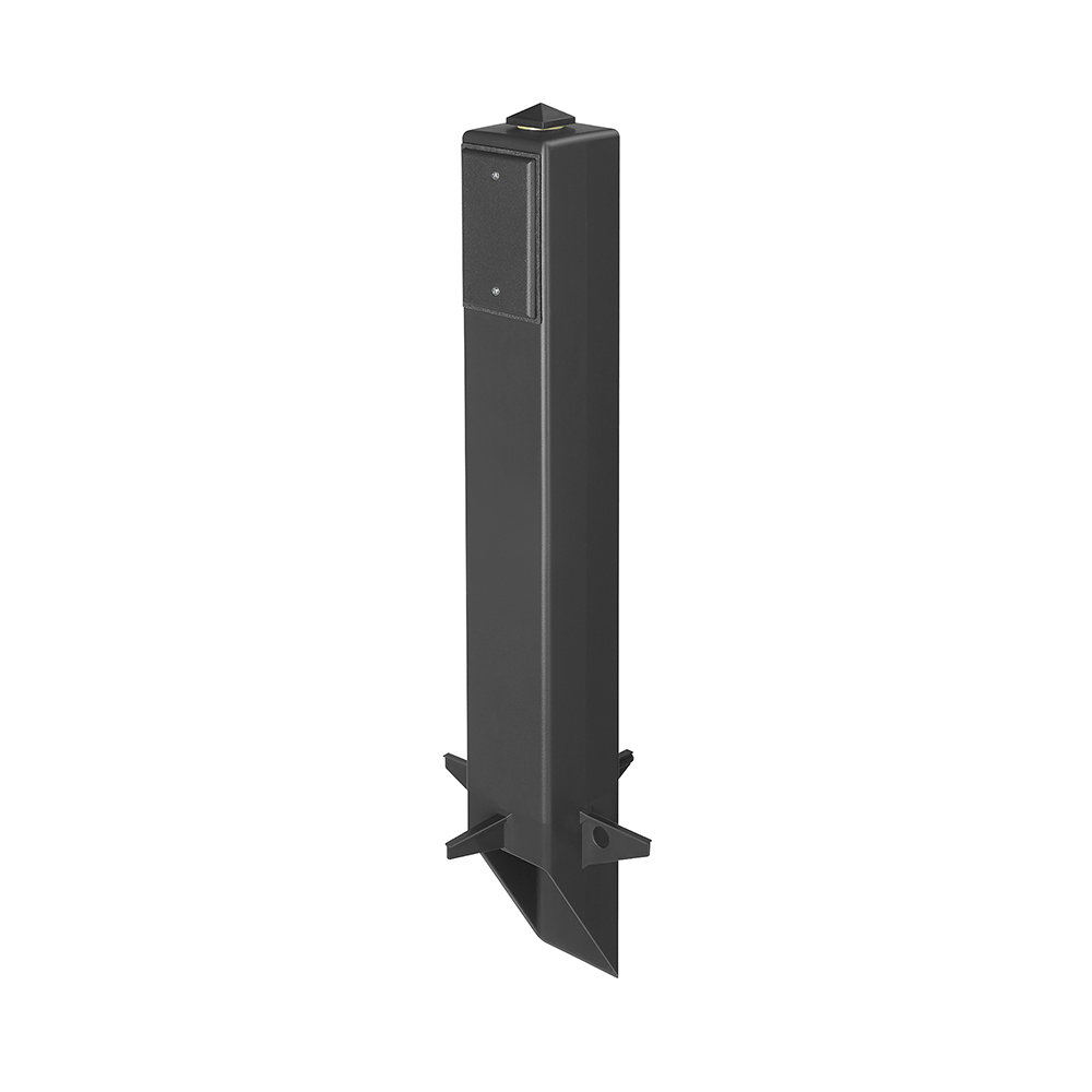 Gard-N-Post. 26" support for outdoor light fixtures or GFCI devices outdoors. Openings on both sides of post for back to back power or power on one side and low voltage on the other. Built in stabilizers for extra stability. Openings in stabilizers allow for insertion of extra support material. Angle Cut post for easy access to underground wiring. Two 1/2" Knockouts. Color Black. Color is permanent, no chipping.