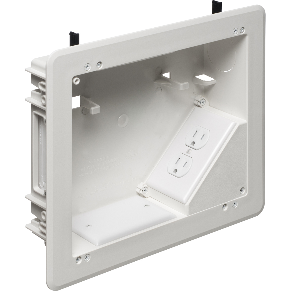 8 x 10 Plastic TV BOX BRIDGE kit. Includes line voltage box, duplex receptacle. 1-1/2" knockout, cable entry device, wire management brackets. For new and old construction.