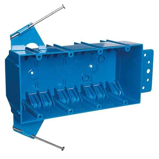 Four-Gang Nail-On New Work Outlet Box, Volume 60 Cubic Inches, Length 7-5/8 Inches, Width 3-11/16 Inches, Depth 2-1/2 Inches, Color Blue, Material PVC, Mounting Means Captive Nails and Bracket Support