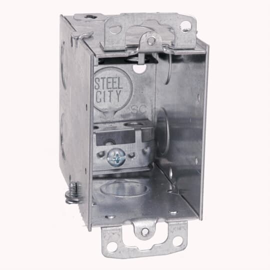 Gangable Switch Box, 18 Cubic Inches, 3 Inches Long x 2 Inches Wide x 3-1/2 Inches Deep, 1/2 Inch Knockouts, Pre-Galvanized Steel, Armored Cable Clamps (C-3) and Ears Flush, For use with Armored/Metal Clad Cable