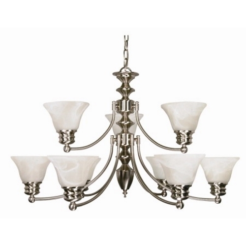 Empire - 9 Light - 32 - Chandelier - w/ Alabaster Glass Bell Shades, 2 Tier - Brushed Nickel