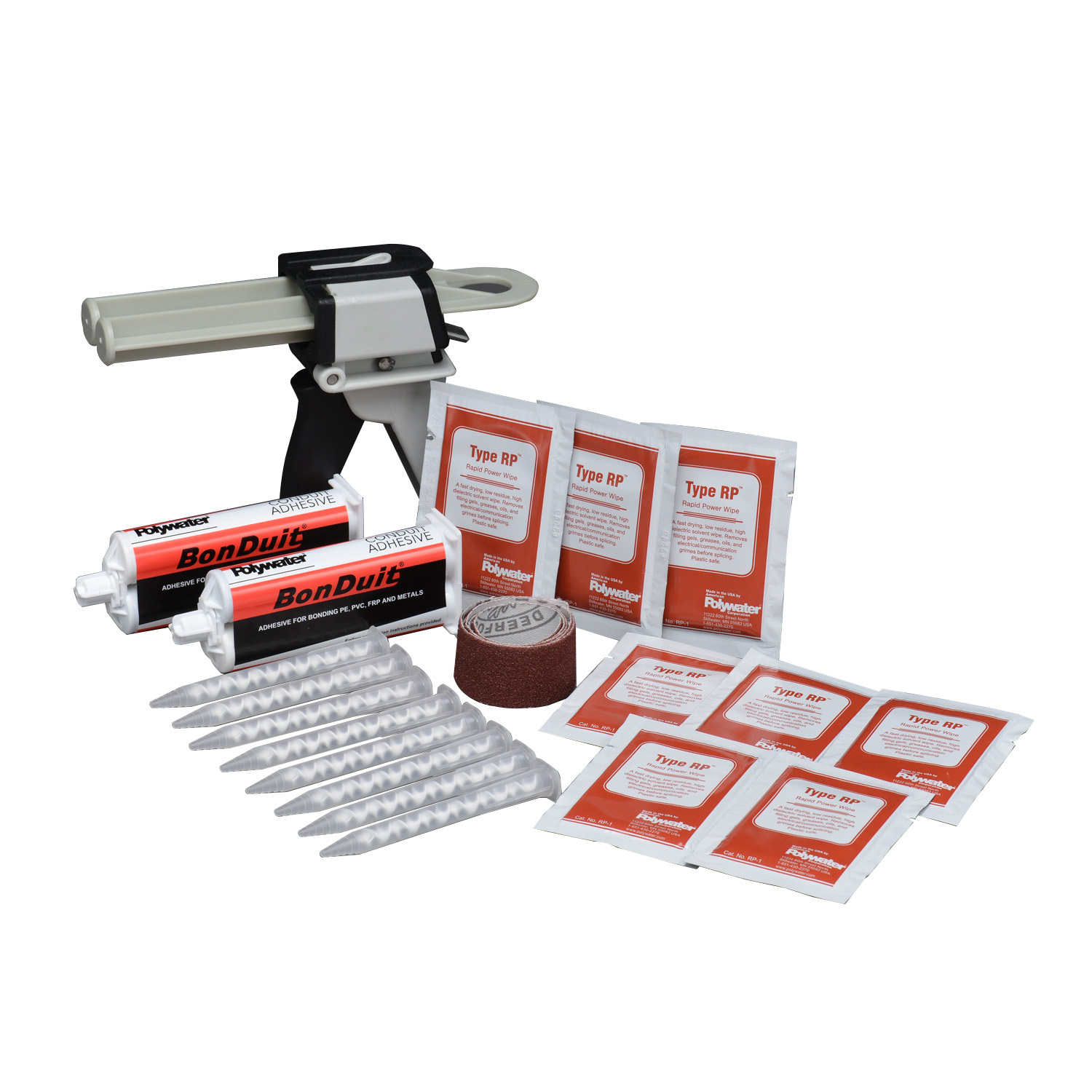 13 - adhesive cartridges; 48 - mixing nozzles; 6 - strips of sanding cloth; 48 - Type RP cleaning wipes (cat# RP-1).  Dispensing tool included. Creates Strong, Long-Lasting BondsBonDuit� Conduit Adhesive creates a watertight and airtight conduit connection within an hour after application.  The strong bond withstands movement and vibration, ideal for installation along roadsides or near electrical equipment such as transformers or switchgear