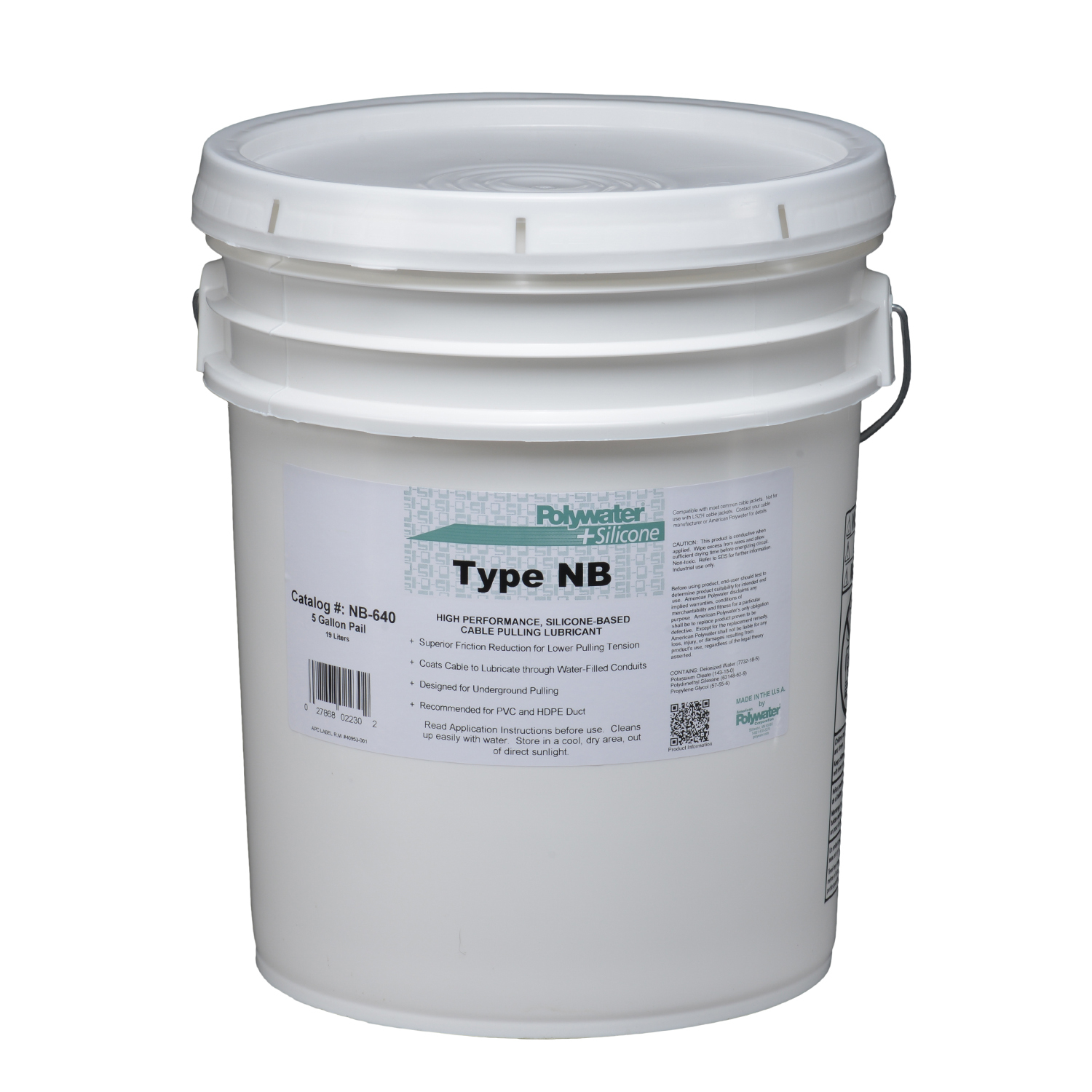 5-gal. pail The Longest Cable Pulls Made SimplePolywater  + SiliconeType NB is a specification-grade cable pulling lubricant that demonstrate superior performance, particularly friction reduction in HDPE conduits and conduits containing water. These lubricants provide continuous lubrication on long pulls. Type NB has small plastic rollers in the lubricant.