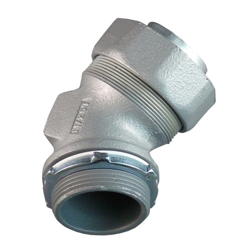 45 deg Liquidtight Connector with Plain Throat, 1-1/2 inch, Malleable Iron, Zinc Electroplated