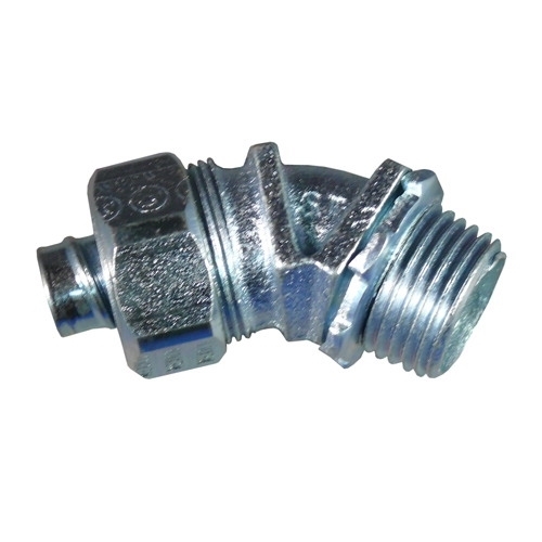 45 deg Liquidtight Connector with Plain Throat, 3/8 inch, Malleable Iron, Zinc Electroplated
