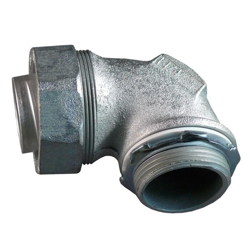 Liquid Tight Oiltight Raintight Conduit Connector With Plain Throat, 1-1/4 in Trade, 90 deg, Malleable Iron, Triple Coated
