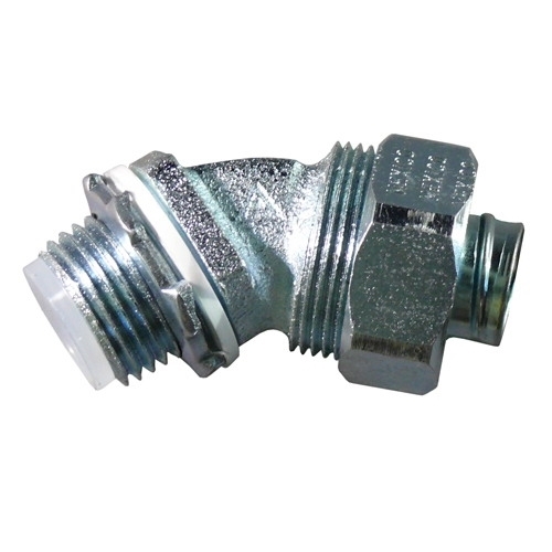 Insulated Throat 45 Degree Liquidtight Connector; 1/2 Inch, Malleable Iron Body, Steel Cap, Polypropylene Sealing Ring, Zinc Electroplate, Chromate and Epoxy Powder Coat
