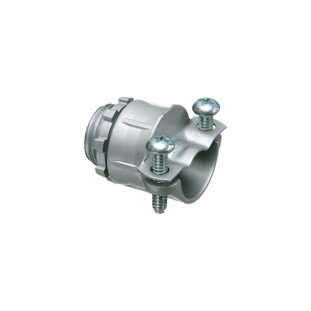 Twin Screw zinc die-cast all-purpose 1-1/4" knockout connector for Flex, AC, MCI, and NM cable. Secures into knockout with a locknut. Has a cable range of 1.250" to 1.640" and an end stop of 1.365".