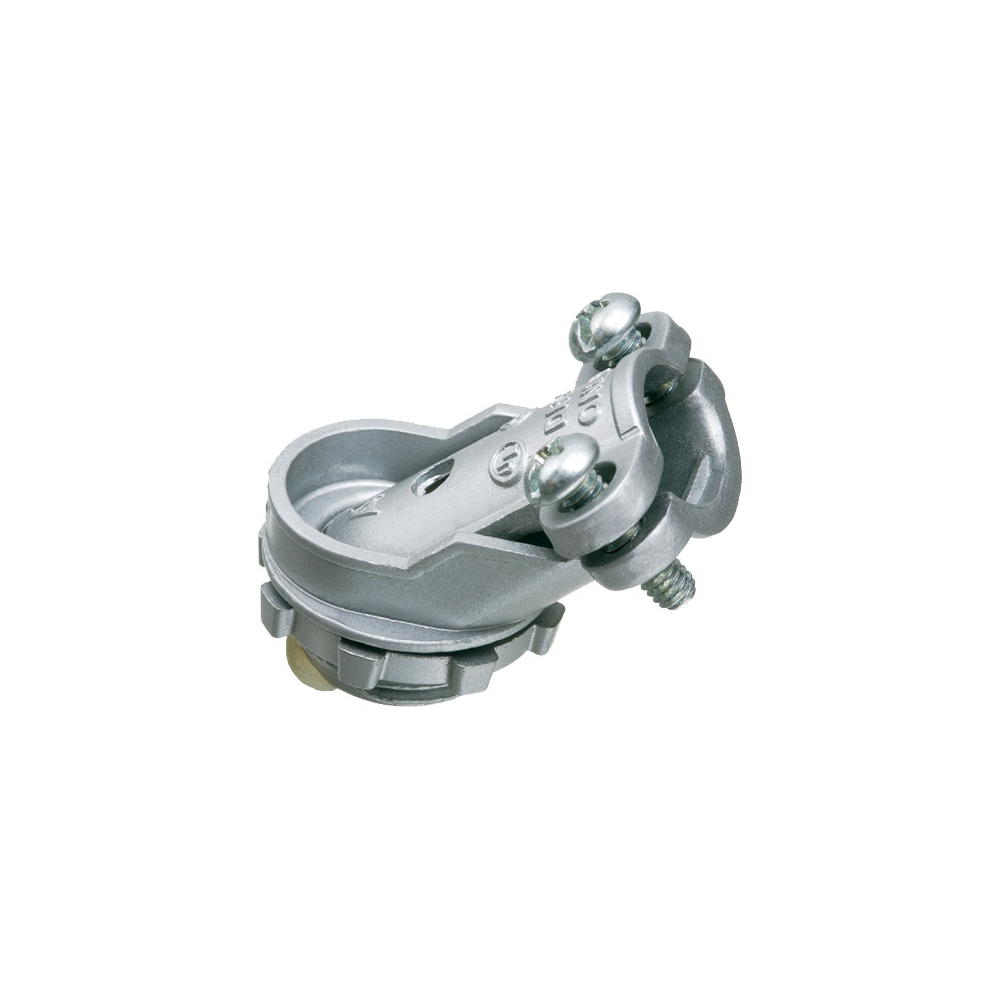 Zinc die-cast, 1/2 Knockout, 45 degree angle cable connector for aluminum and steel cable. Concrete tight when taped. Secures into knockout with zinc diecast locknut.