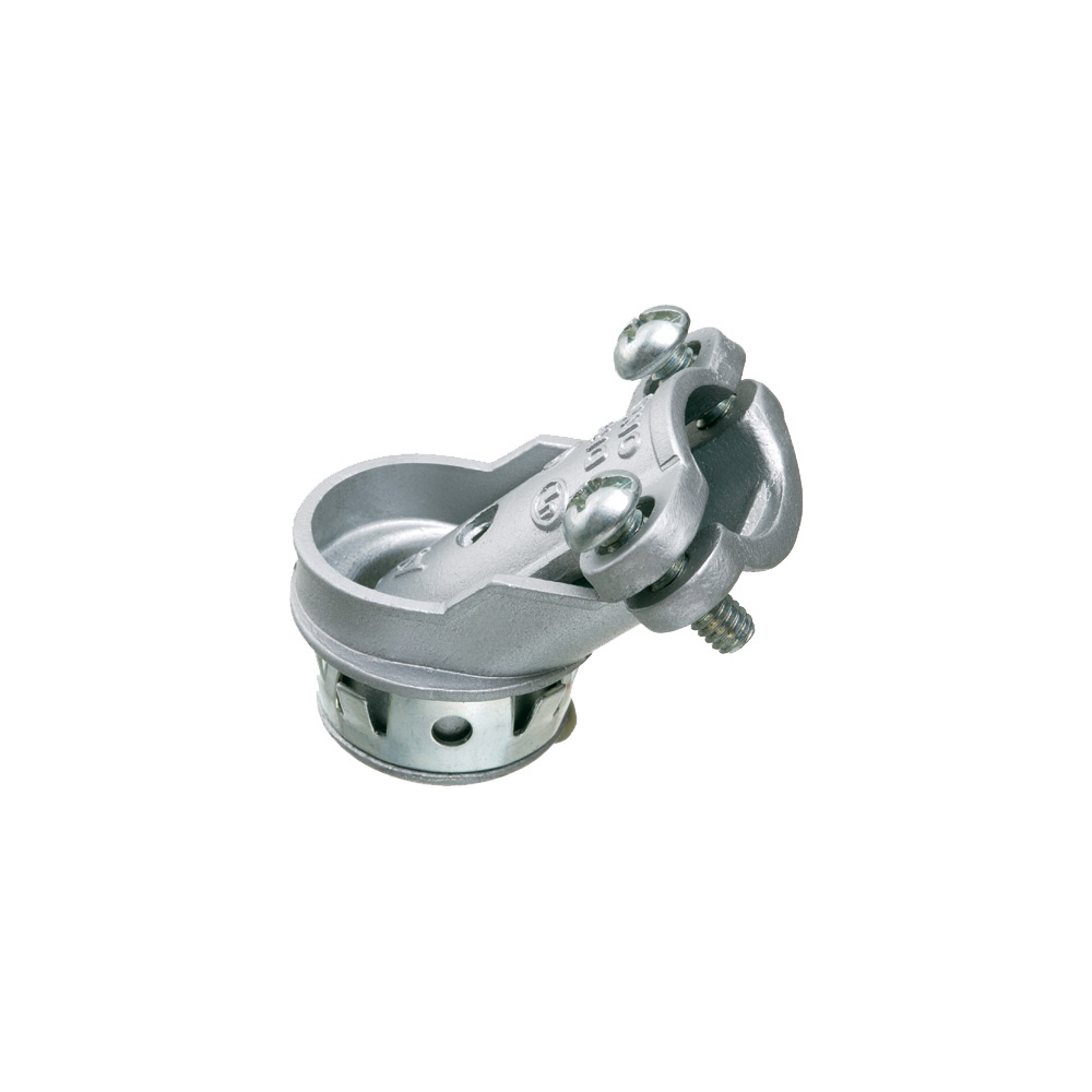 Zinc die-cast, 1/2 Knockout, 45 degree angle cable connector for aluminum and steel cable. Concrete tight when taped. Snaps into knockout with spring steel clip. For Larger Cable.